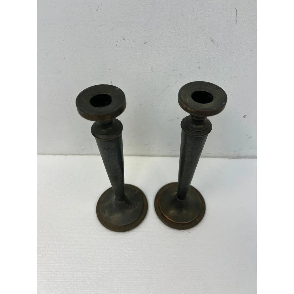 Vintage Arts & Crafts Metal Candlestick Holders Pair Tapered 9